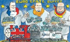 Cartoon by David Simonds: European state railways have jumped on the British gravy train.